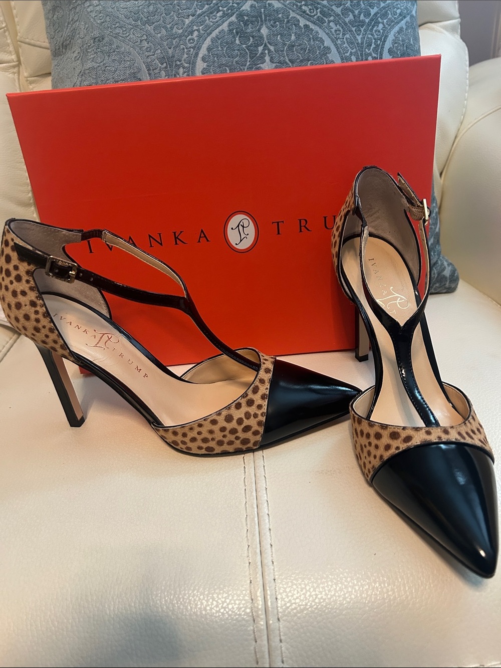 Ivanka Trump Leopard Print and Black Patent T-Strap Pumps